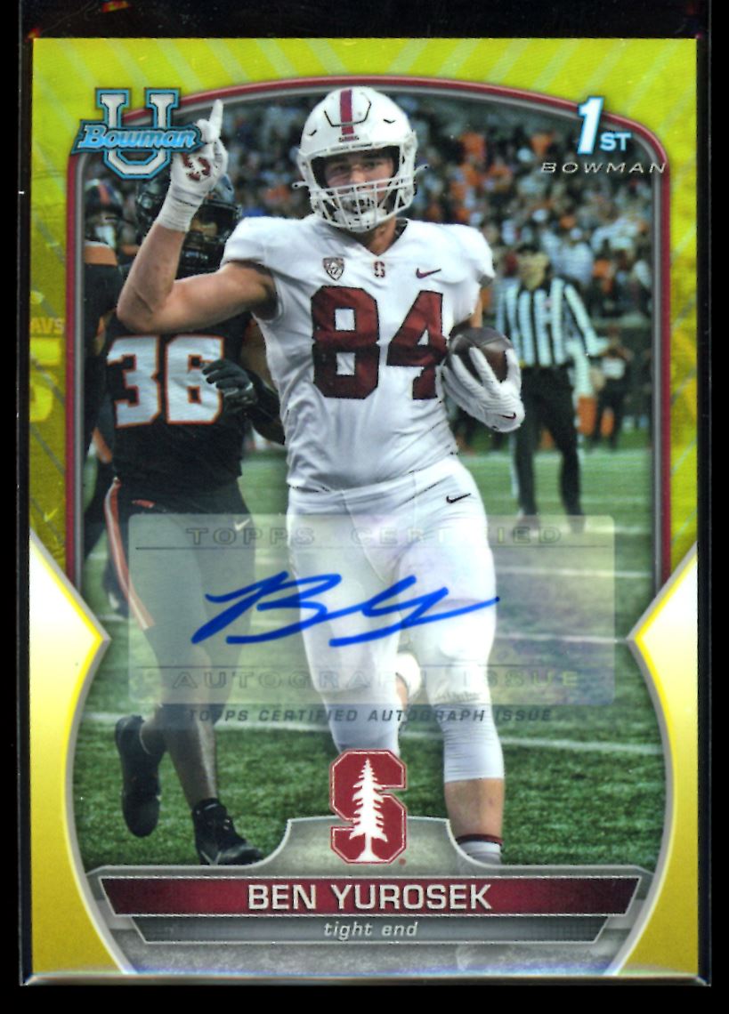 Ben Yurosek Yellow /75 2022 Bowman University Chrome Prospect Autographs Yellow Refractor Rookie Autograph Card # 23
