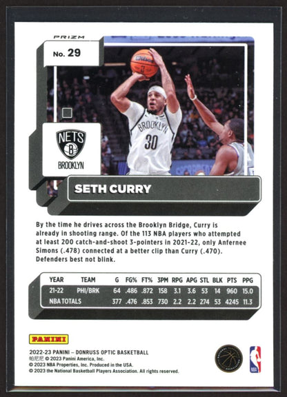 Seth Curry (b) 2022 Donruss Optic Silver Prizm Card # 29