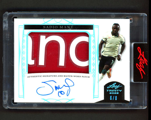 Sadio Mane Match Worn Patch 6/8 2022 Leaf Trinity Autograph Card # PA-SM1