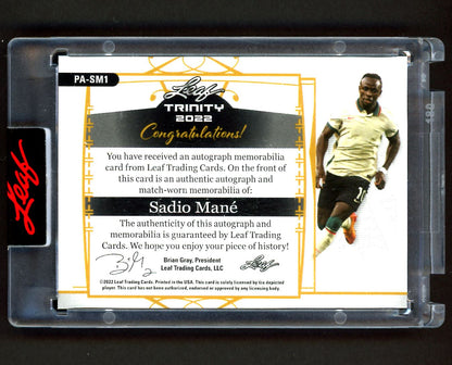 Sadio Mane Match Worn Patch 6/8 2022 Leaf Trinity Autograph Card # PA-SM1