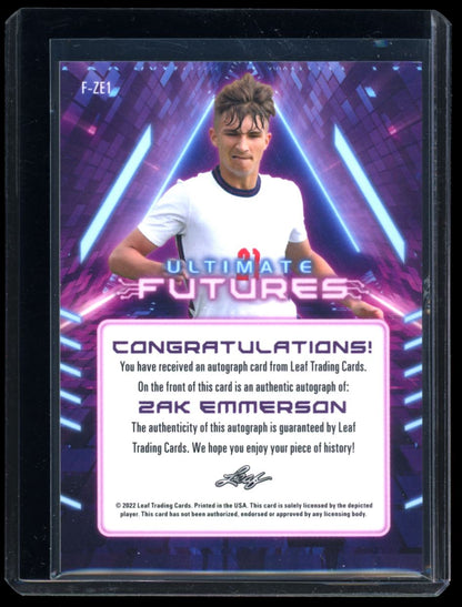 Zak Emmerson Ultimate Futures 10/18 2022 Leaf Ultimate Soccer Autograph Card # F-ZE1