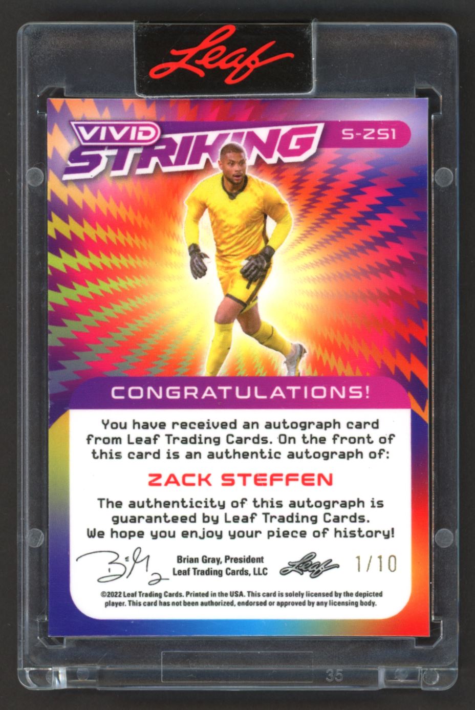 Zack Steffen /10 2022 Leaf Vivid Striking Autograph Card # S-ZS1