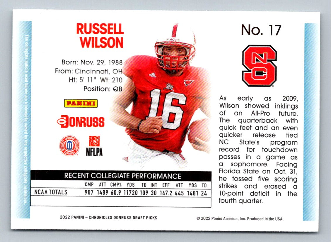 Russell Wilson 2022 Panini Chronicles Draft Picks Donruss Retro Card # 17