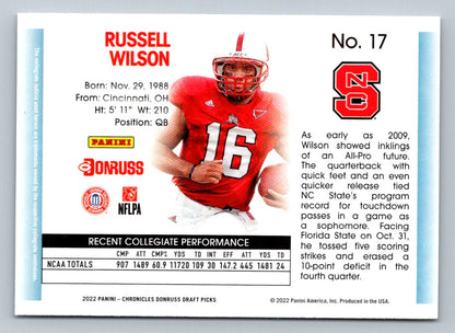 Russell Wilson 2022 Panini Chronicles Draft Picks Donruss Retro Card # 17