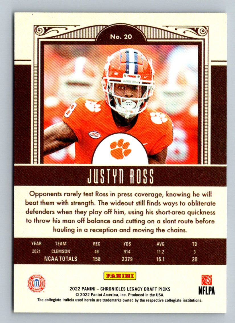 Justyn Ross 2022 Panini Chronicles Draft Picks Legacy Rookies Rookie Card # 20