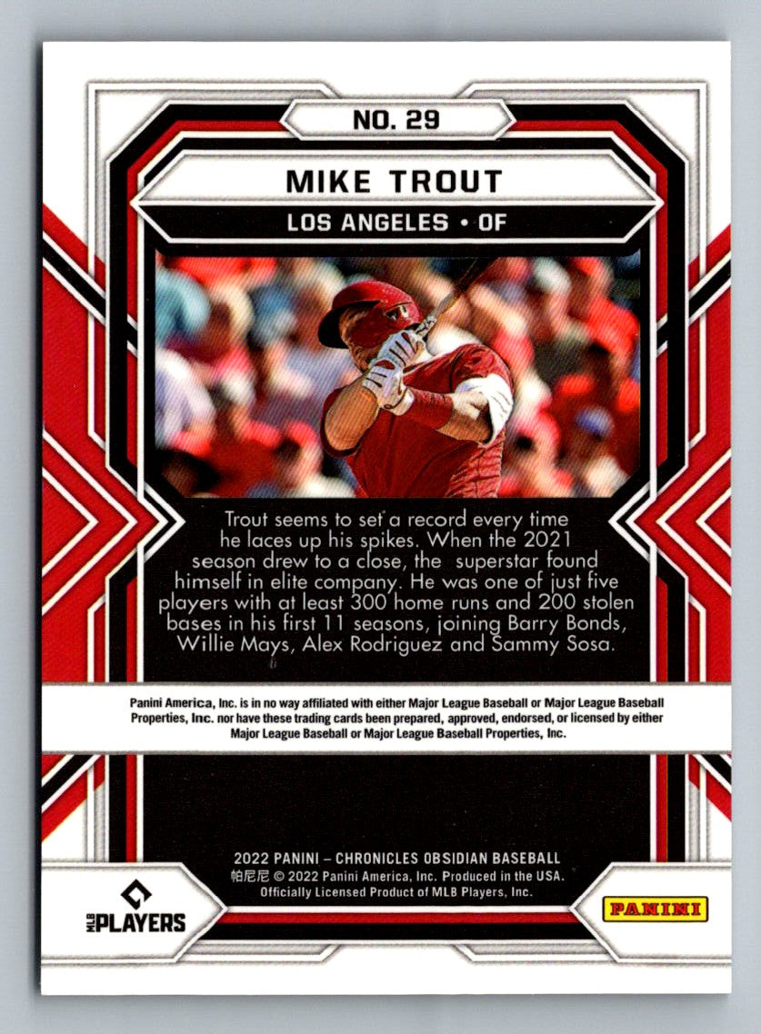 Mike Trout 2022 Panini Chronicles Obsidian Card # 29