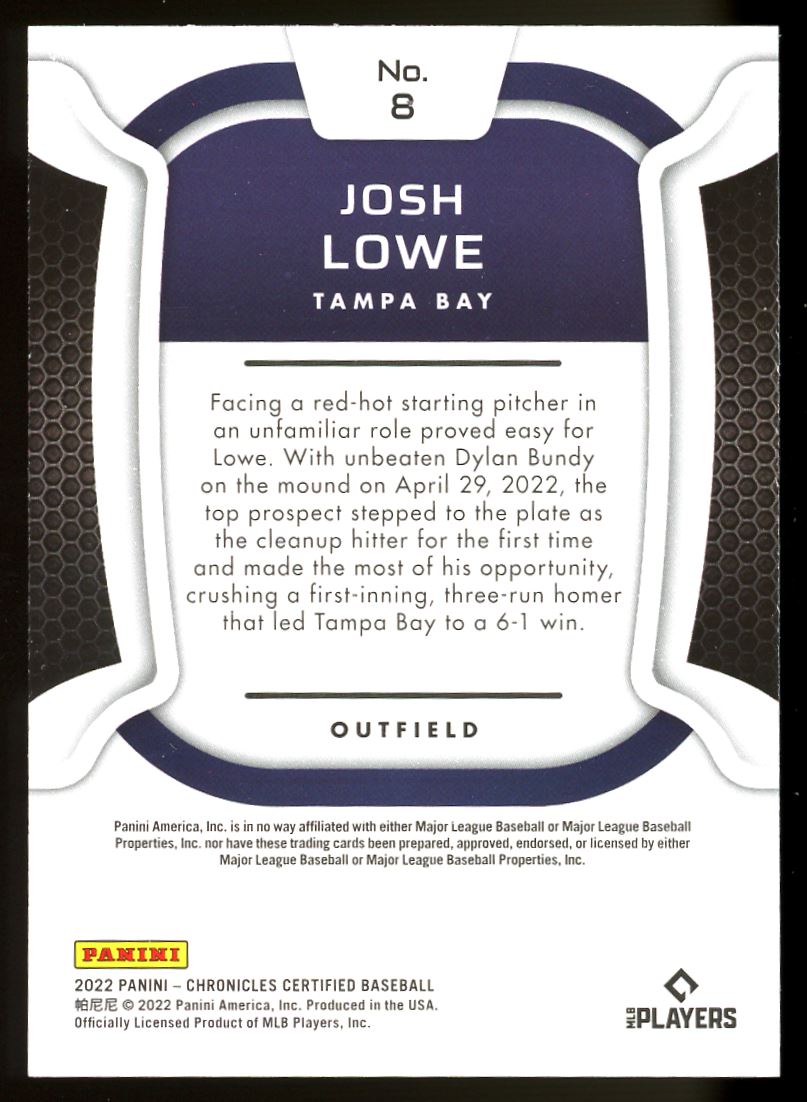 Josh Lowe 2022 Panini Certified Rookie Card # 176