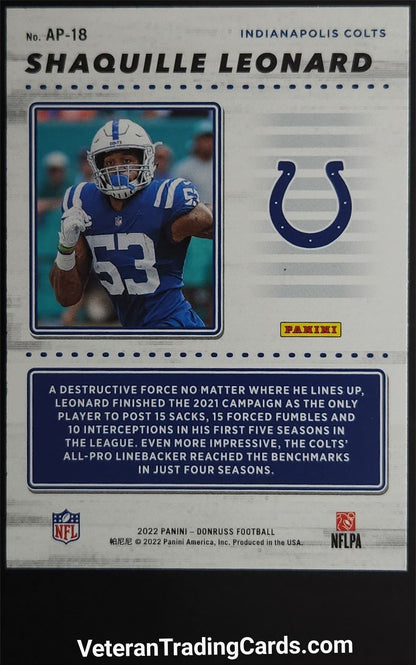 Shaquille Leonard Action All-Pros 2022 Panini Donruss Football Card # AP-18