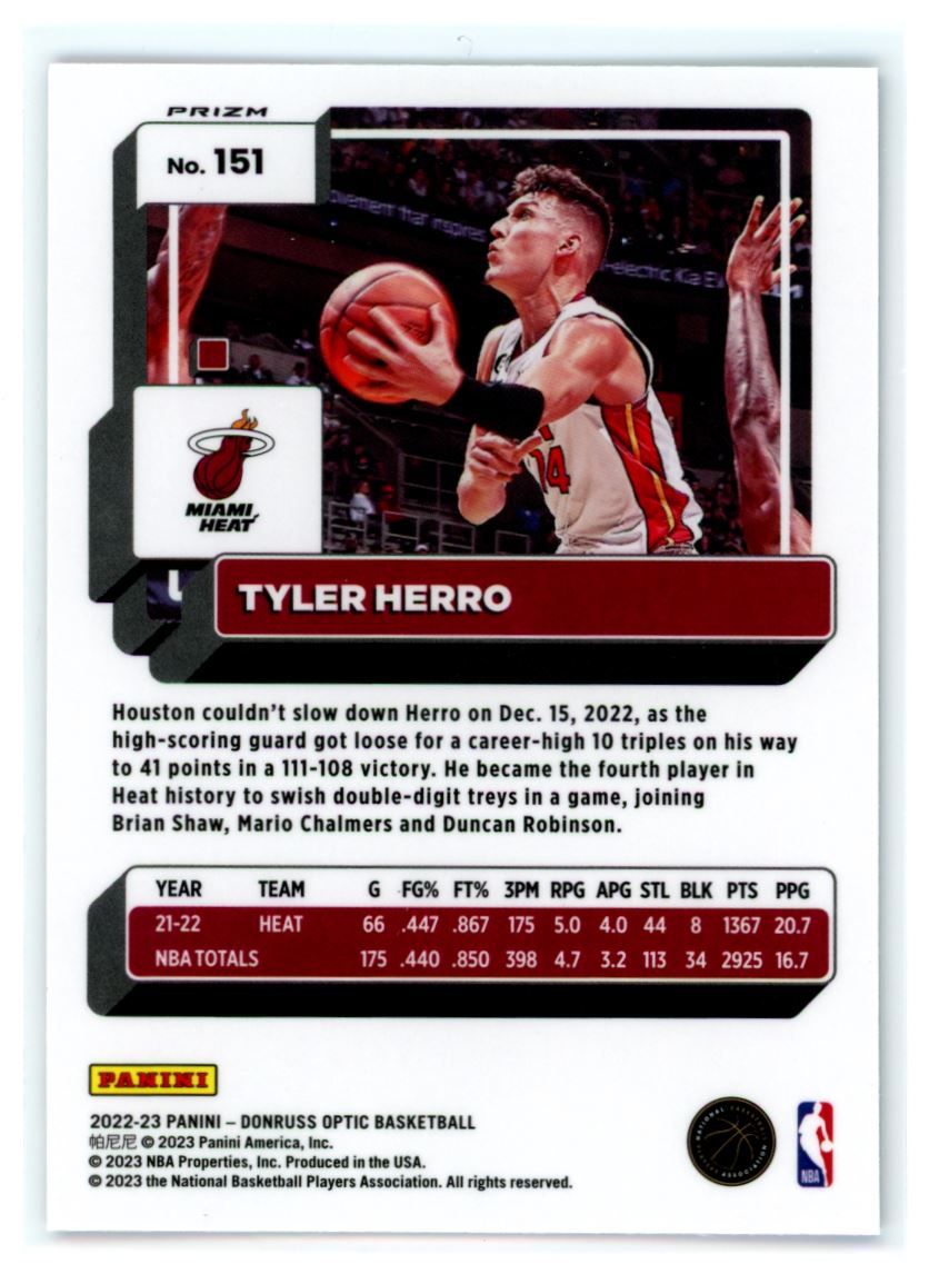 Tyler Herro Purple Shock Prizm 2022 Panini Donruss Optic Card # 151