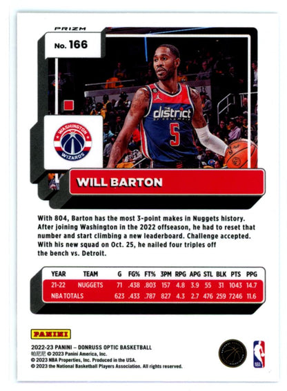 Will Barton Purple Shock Prizm 2022 Panini Donruss Optic Card # 166