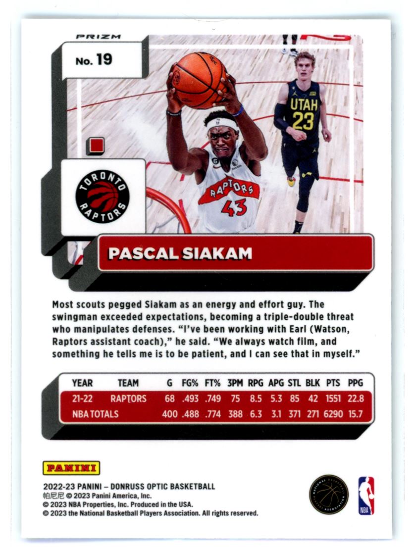 Pascal Siakam Purple Shock Prizm 2022 Panini Donruss Optic Card # 19