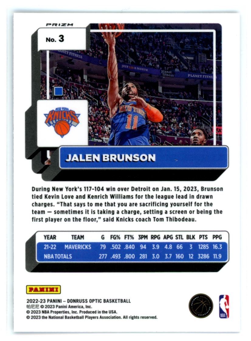 Jalen Brunson Purple Shock Prizm 2022 Panini Donruss Optic Card # 3