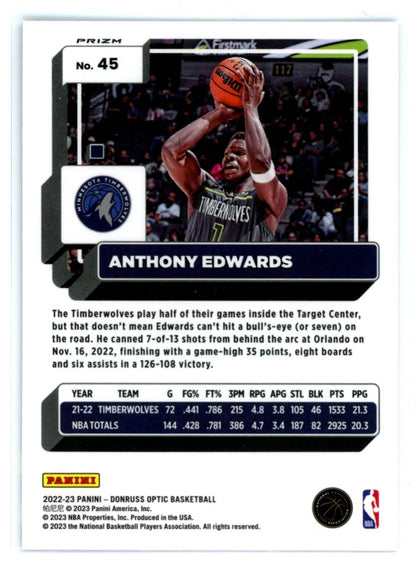 Anthony Edwards Purple Shock Prizm 2022 Panini Donruss Optic Card # 45