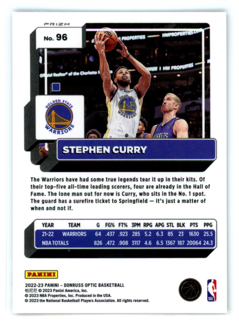 Stephen Curry Purple Shock Prizm 2022 Panini Donruss Optic Card # 96