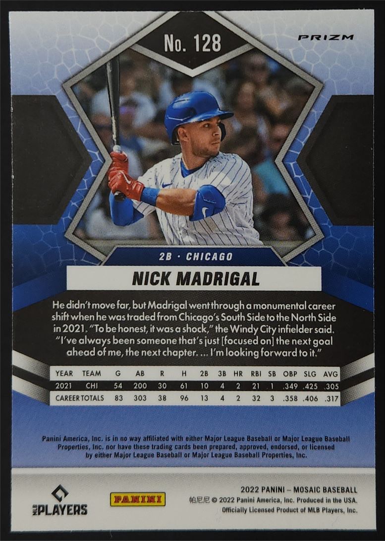 Nick Madrigal 2022 Panini Mosaic Blue Camo Prizm Card # 128