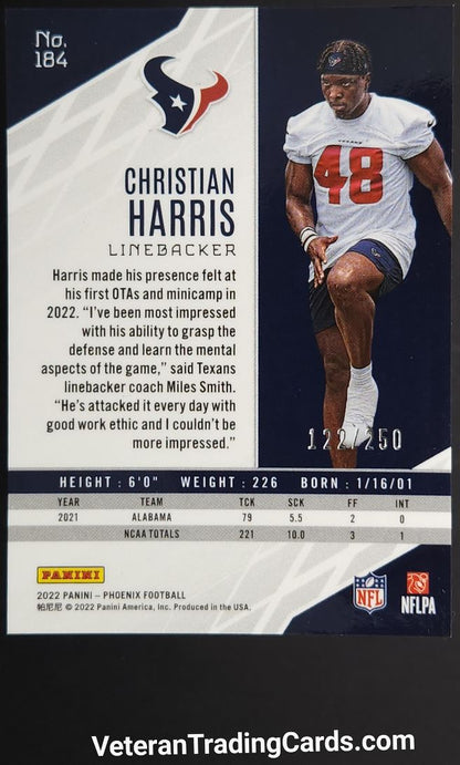 Christian Harris Red /250 2022 Panini Phoenix Football Rookie Card # 184