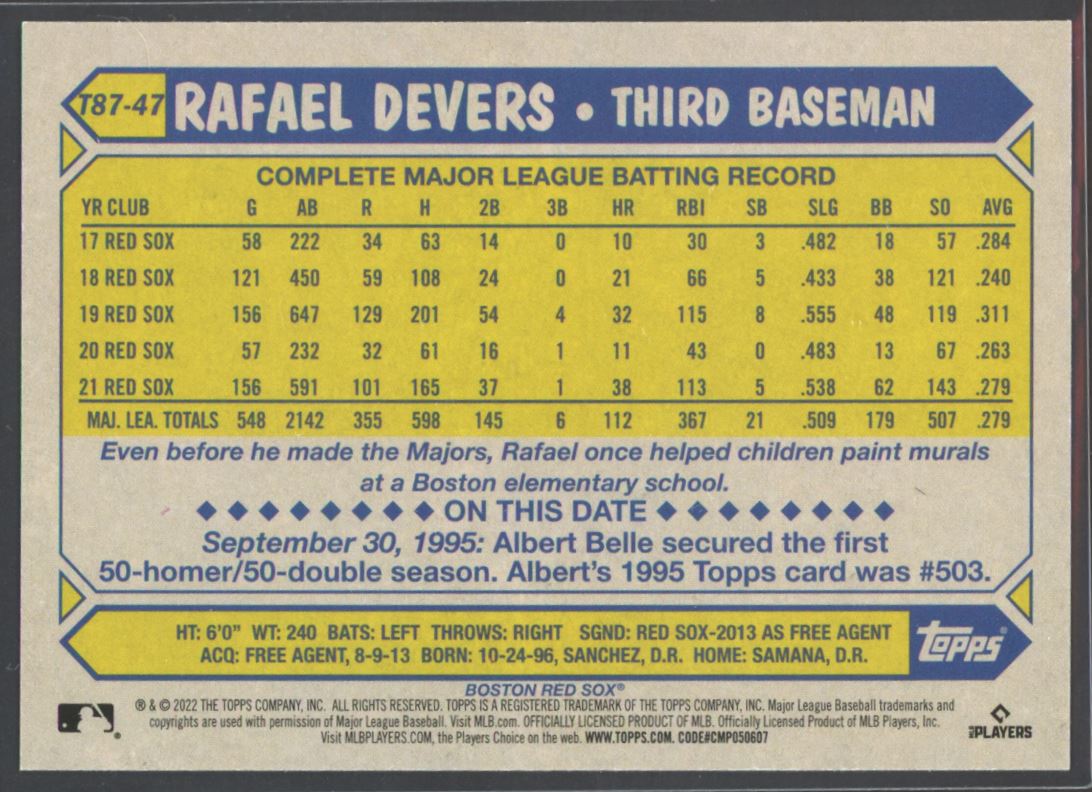 Rafael Devers 2022 Topps 1987 Baseball Card # T87-47