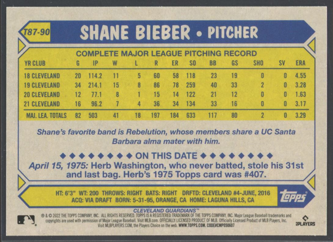 Shane Bieber 2022 Topps 1987 Baseball Card # T87-90