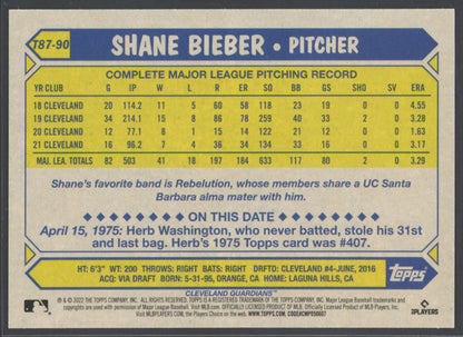 Shane Bieber 2022 Topps 1987 Baseball Card # T87-90