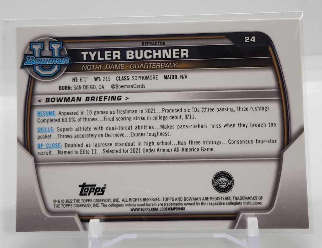 Tyler Buchner Silver Refractor 1st Bowman 2022 Topps Bowman University Chrome Rookie Card # 24