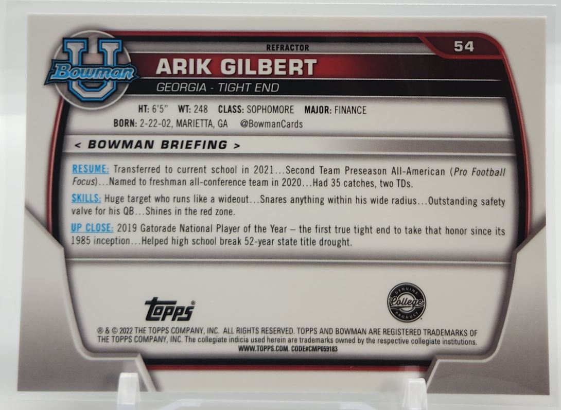 Arik Gilbert Silver Refractor 1st Bowman 2022 Topps Bowman University Chrome Rookie Card # 54