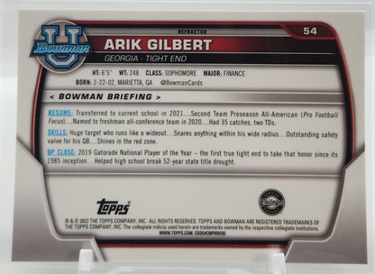 Arik Gilbert Silver Refractor 1st Bowman 2022 Topps Bowman University Chrome Rookie Card # 54