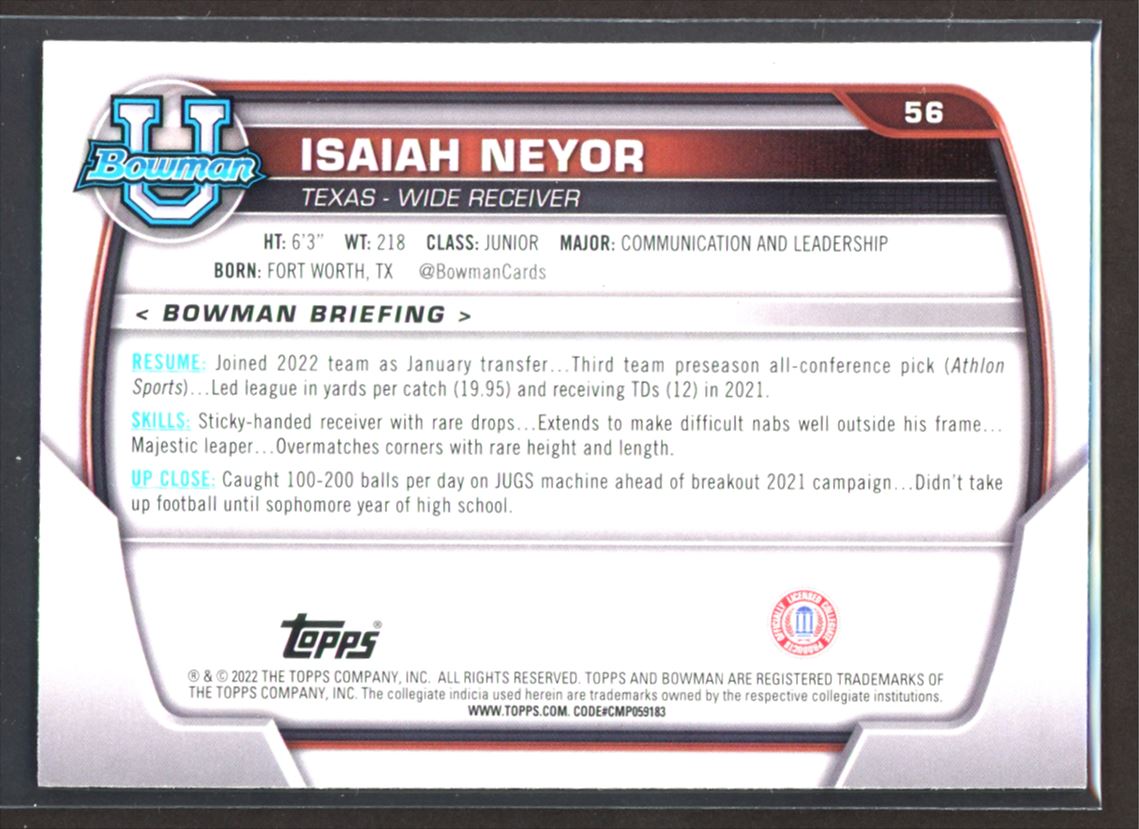 Isaiah Neyor Purple Shimmer 2022 Topps Bowman University Rookie Card # 56