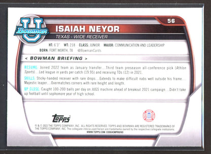 Isaiah Neyor Purple Shimmer 2022 Topps Bowman University Rookie Card # 56