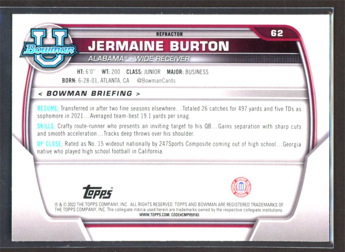 Jermaine Burton Silver Refractor 2022 Topps Bowman University Rookie Card # 62