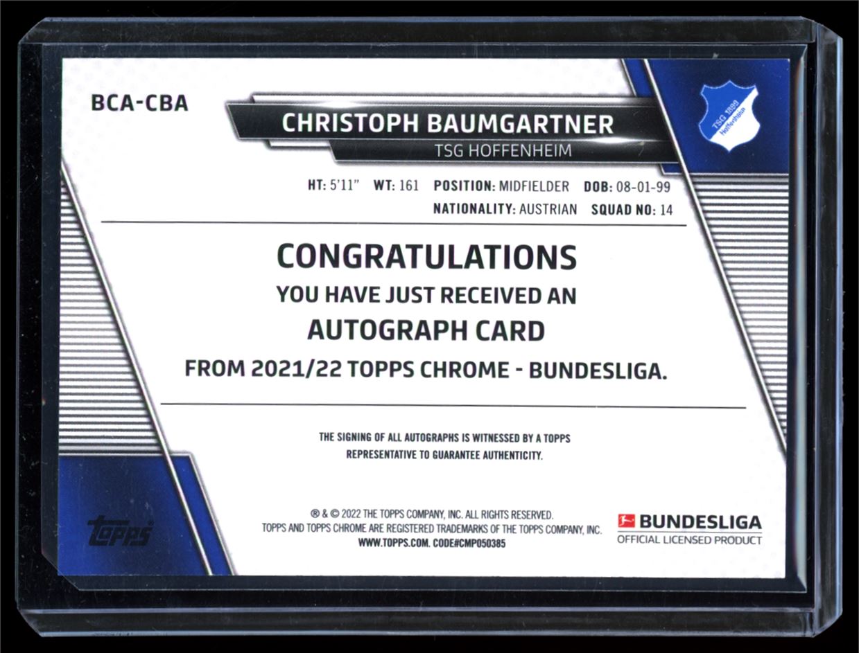 Chistoph Baumgartner 2022 Topps Bundesliga Chrome Autograph Card # BCA-CBA