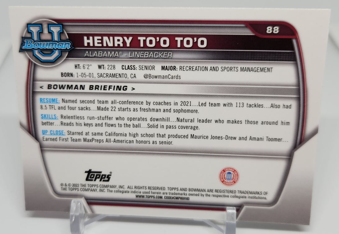 Henry To'o To'o Pink 2022 Topps University Bowman Chrome Rookie Card # 88