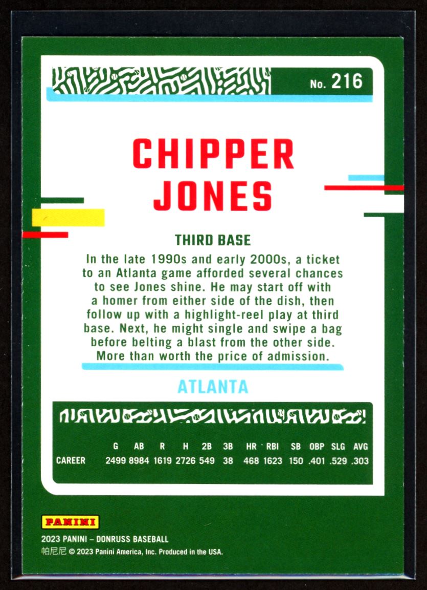 Chipper Jones 2023 Donruss Holo Blue Card # 216