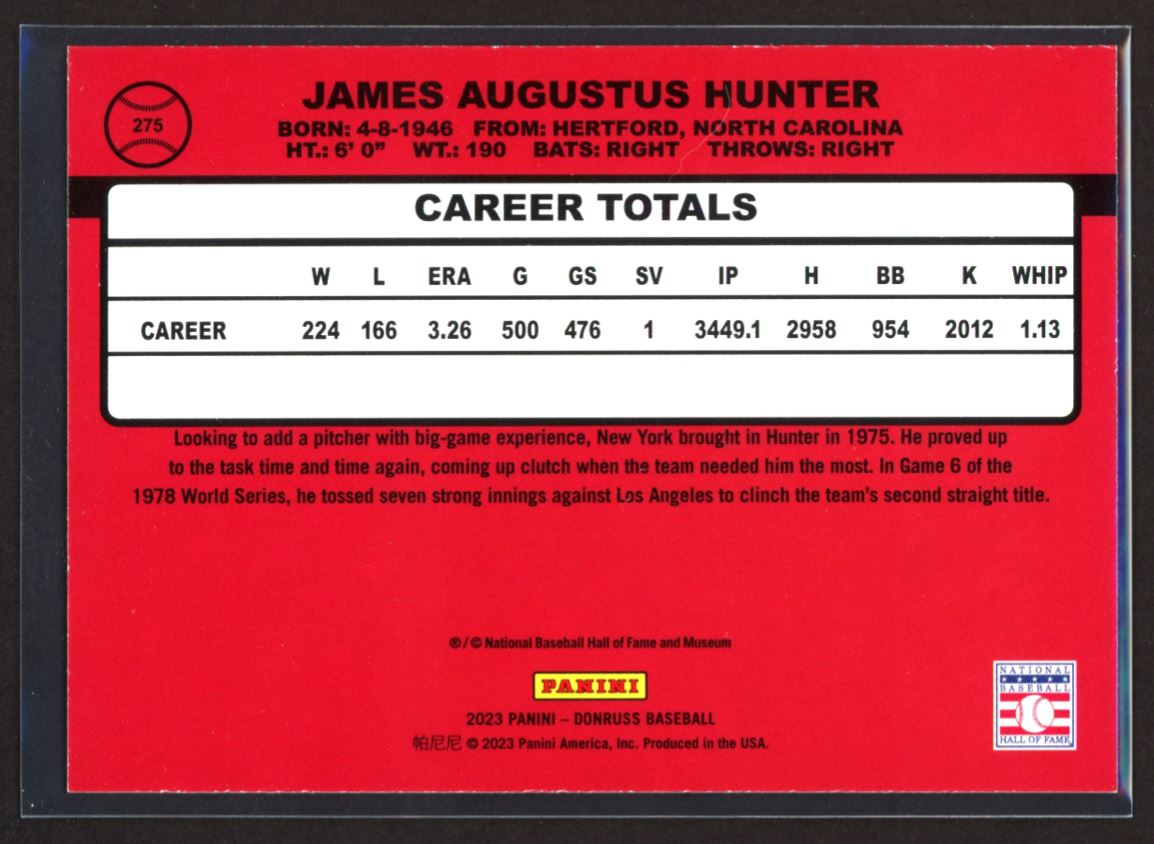 Catfish Hunter 2023 Donruss Holo Pink Card # 275