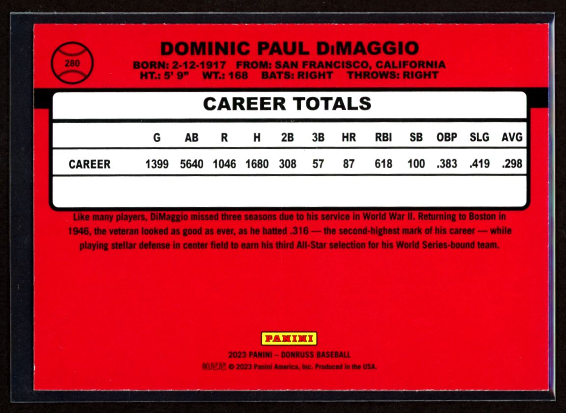 Dom DiMaggio 2023 Donruss Holo Pink Card # 280