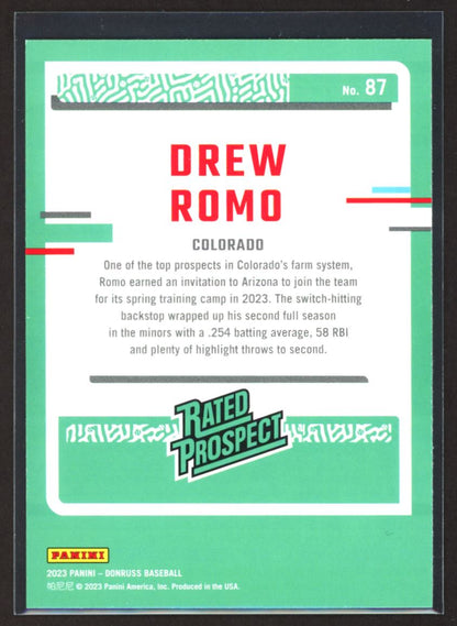 Drew Romo Rated Prospect 2023 Donruss Holo Pink Card # 87