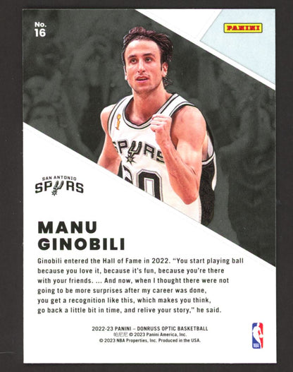 Manu Ginobili 2023 Donruss Optic Winner Stays Card # 16