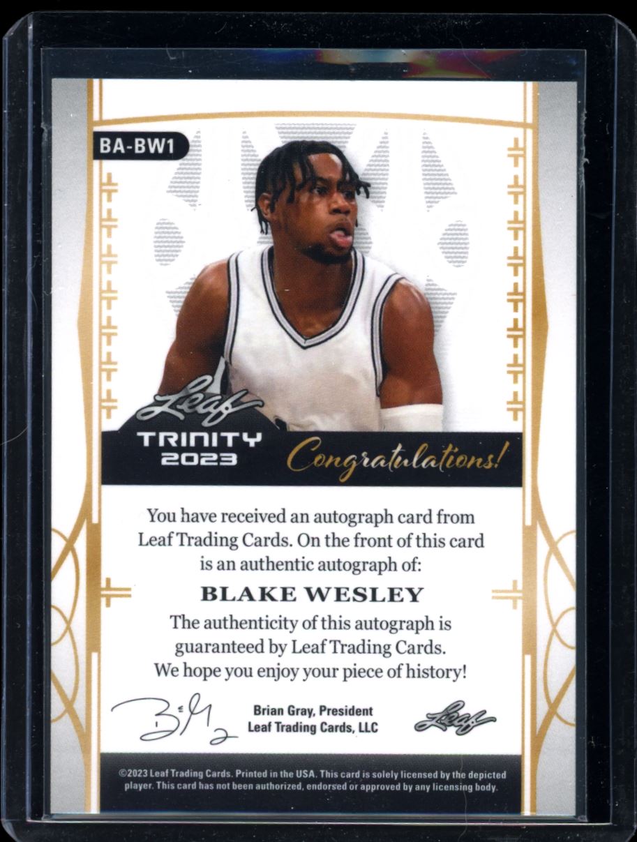 Blake Wesley 19/49 2023 Leaf Trinity Basketball Rookie Autograph Card # BA-BW1