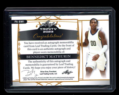 Bennedict Mathurin Player Worn RPA 4/15 2023 Leaf Trinity Basketball Rookie Autograph Card # PA-BM1