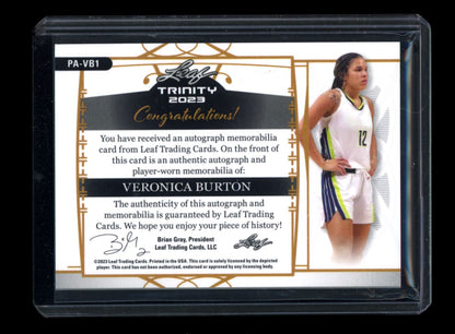 Veronica Burton Player Worn RPA 71/75 2023 Leaf Trinity Basketball Rookie Autograph Card # PA-VB1