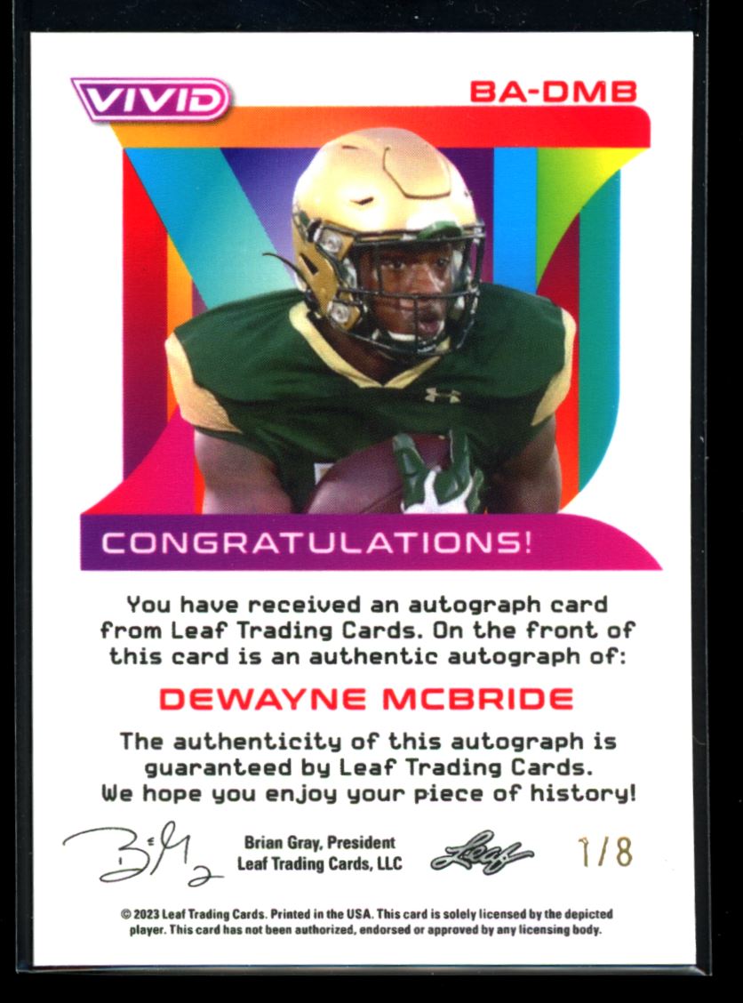 Dewayne Mcbride Red 1/8 2023 Leaf Vivid Football Rookie Autograph Card #BA-DMB