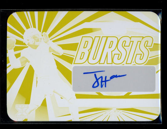 Jaren Hall Vivid Bursts Yellow Printing Plate 1/1 2023 Leaf Vivid Football Rookie Autograph Card # VB-JH3