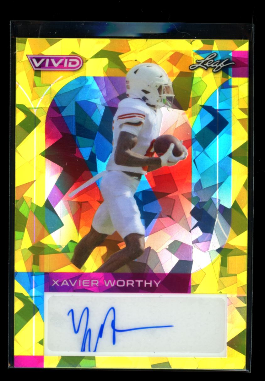 Xavier Worthy Yellow Cracked Ice 1/10 2023 Leaf Vivid Football Autograph Card # BA-XW1