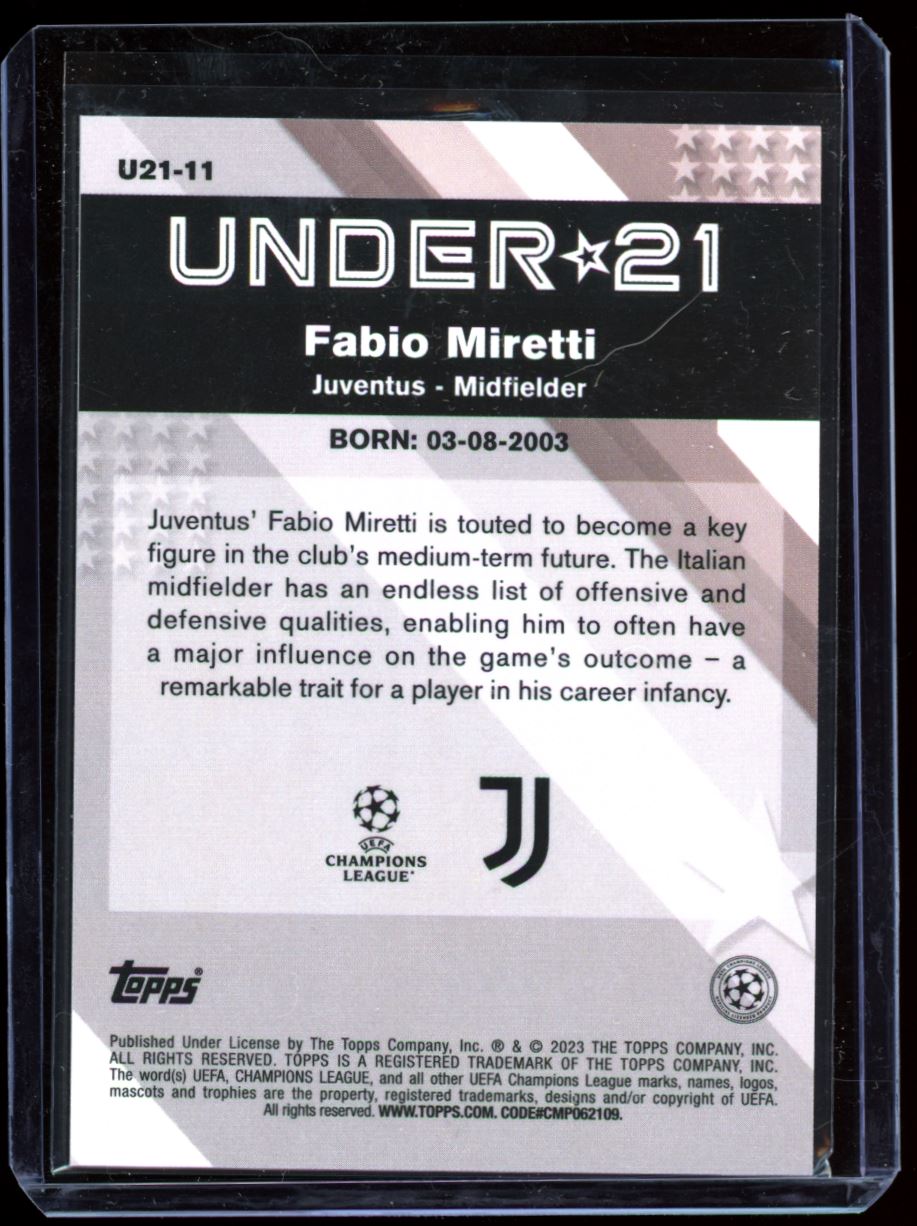 Fabio Miretti Red Under 21 45361 2023 Merlin Chrome UEFA Club Competitions U21 Stars Red Refractor Card # U21-11