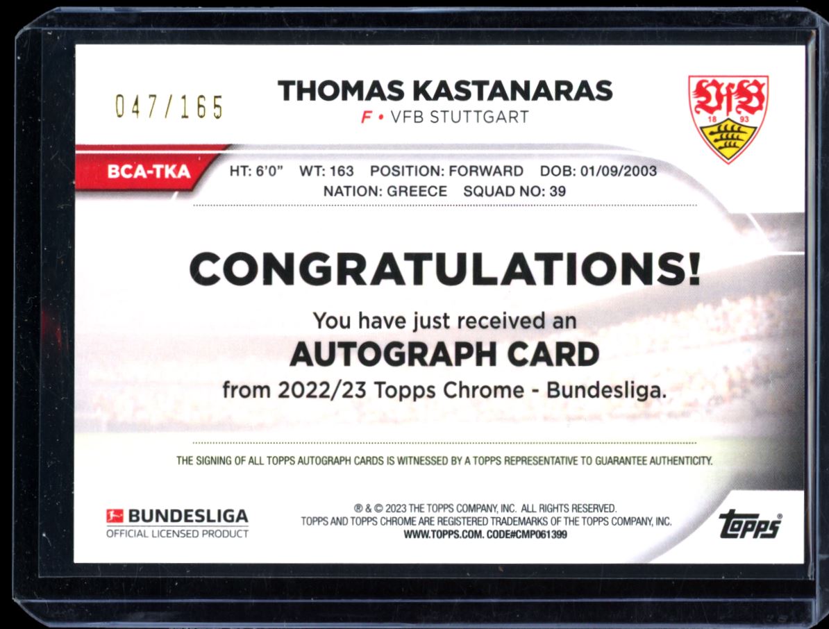 Thomas Kastanaras Hyper Prizm 047/165 2023 Topps Bundesliga Chrome Rookie Autograph Card # BCA-TKA