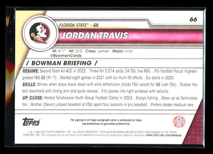 Jordan Travis 2023 Topps Chrome Bowman U Autograph Card # 66