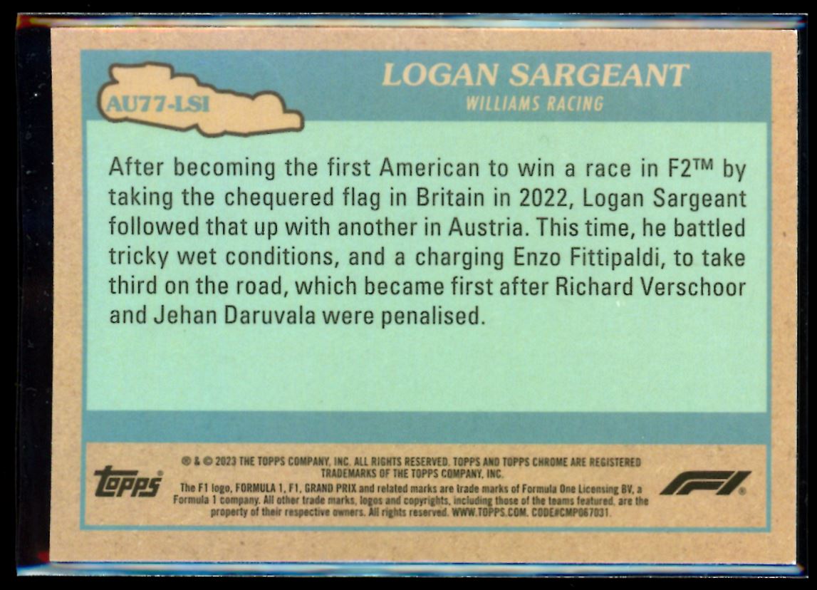 Logan Sargeant Autos of 1977 2023 Topps Chrome F1 Card # AU77-LSI