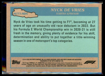 Nyck De Vries Autos of 1977 2023 Topps Chrome F1 Card # AU77-NDV