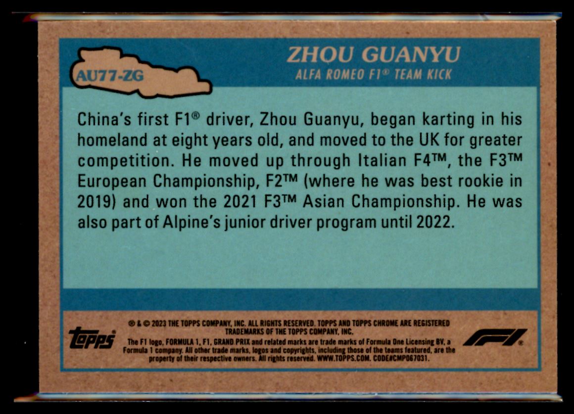 Zhou Guanyu Autos of 1977 2023 Topps Chrome F1 Card # AU77-ZG