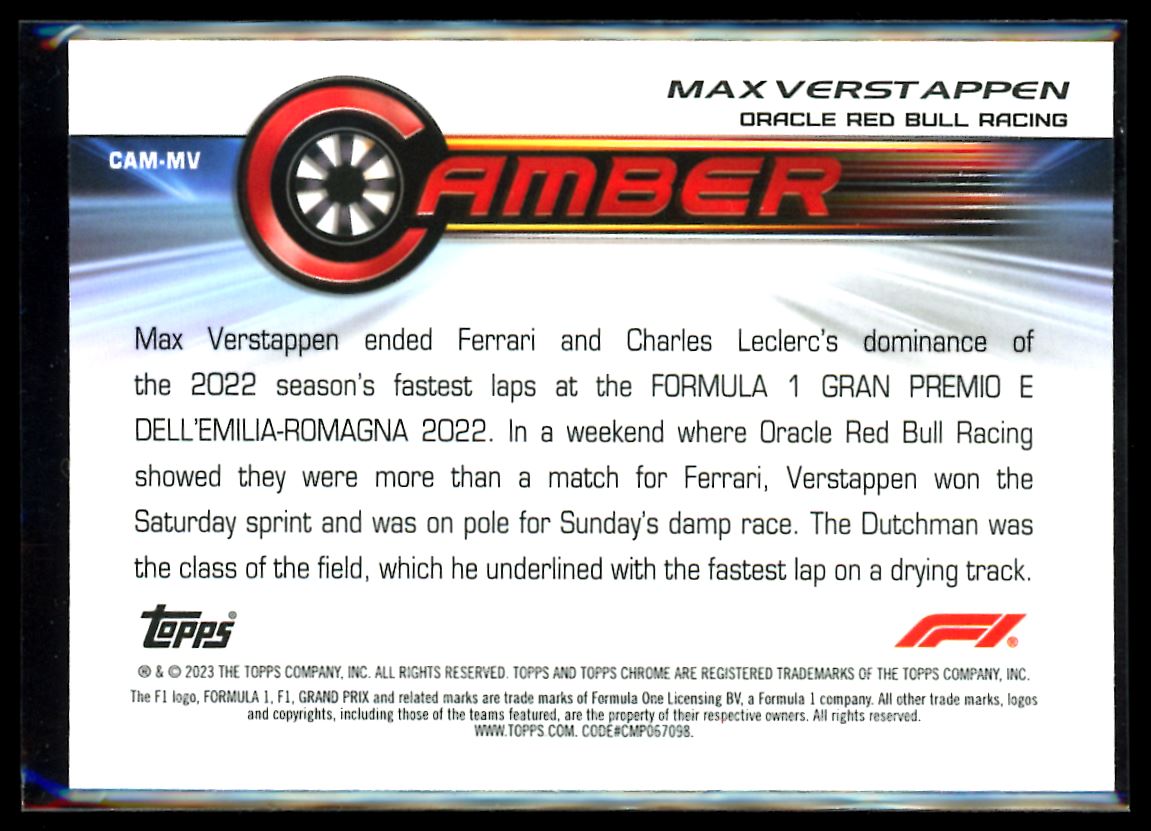 Max Verstappen Camber 2023 Topps Chrome F1 Card # CAM-MVIII (B)