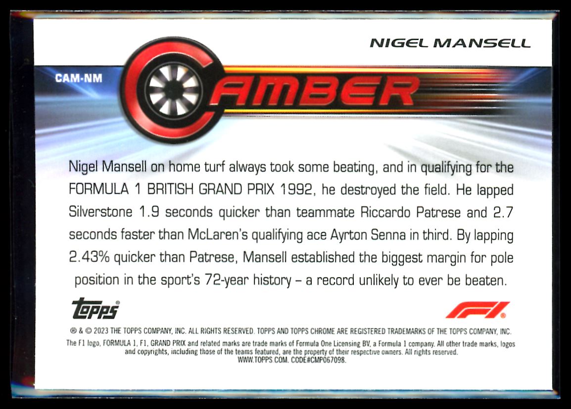 Nigel Mansell Camber 2023 Topps Chrome F1 Card # CAM-NM